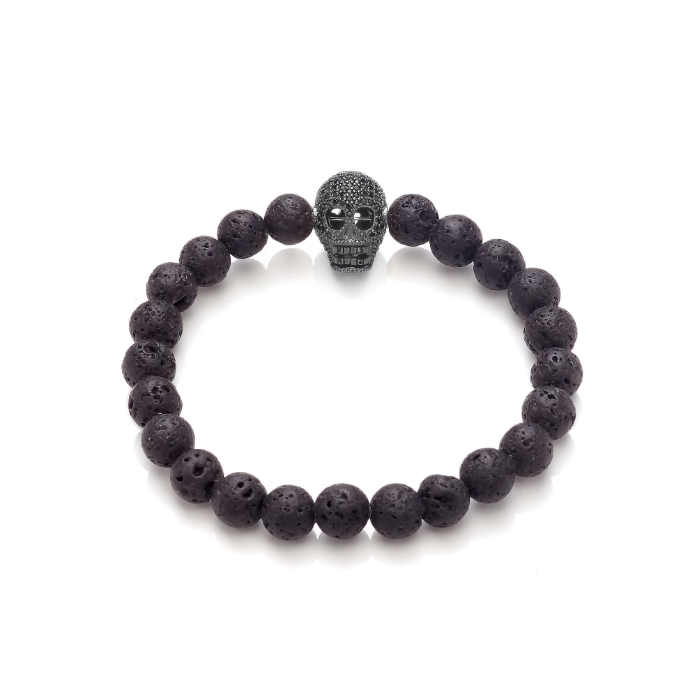 Lava Stone & Black Rhodium Plated Skull Elastic Bracelet