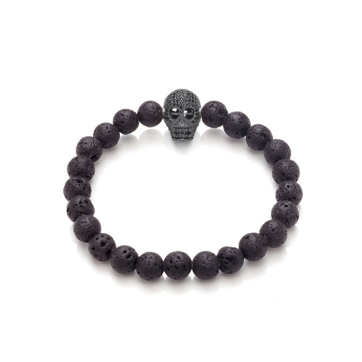Lava Stone & Black Rhodium Plated Skull Elastic Bracelet