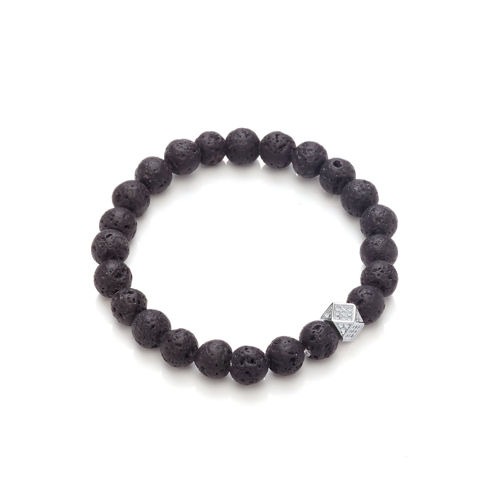 Lava Stone & Geometric Studded Bead Elastic Bracelet