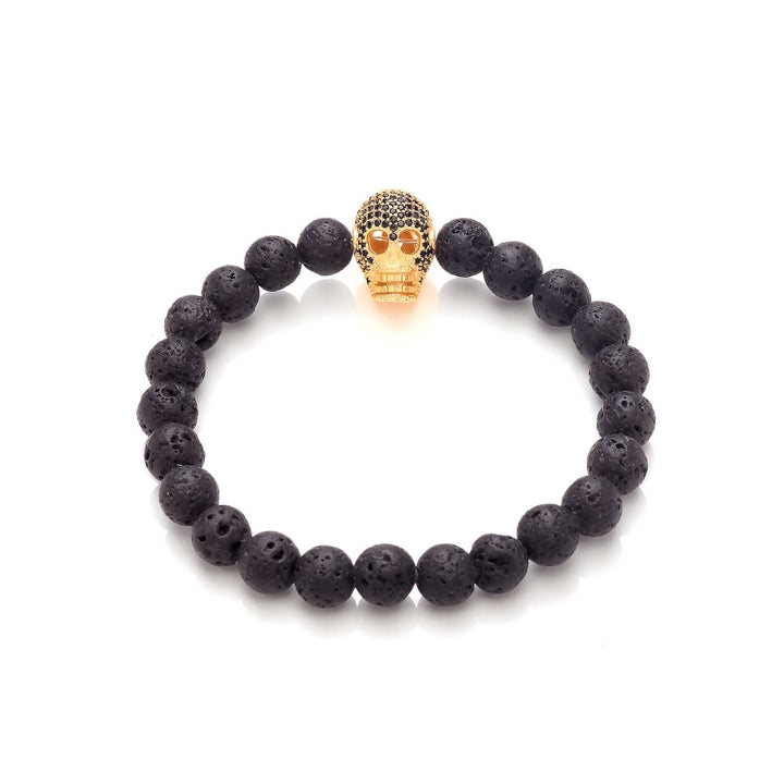Lava Stone & Gold Plated Skull Elastic Bracelet