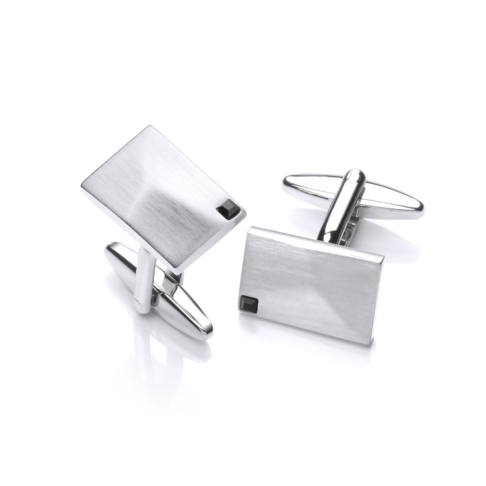 Rhodium Plated Black Crystal Brushed Cufflinks