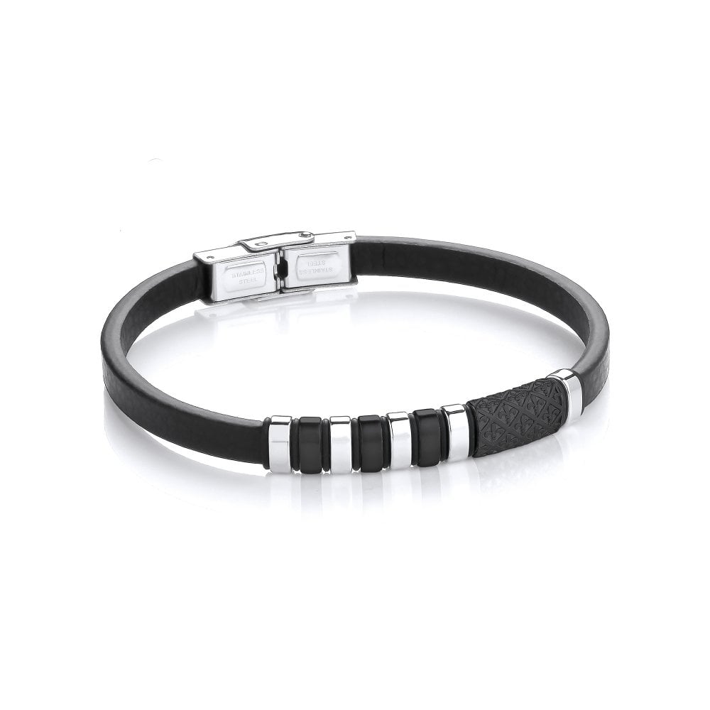 Stainless Steel Black Fleur-De-Lys Vegan Leather Bracelet