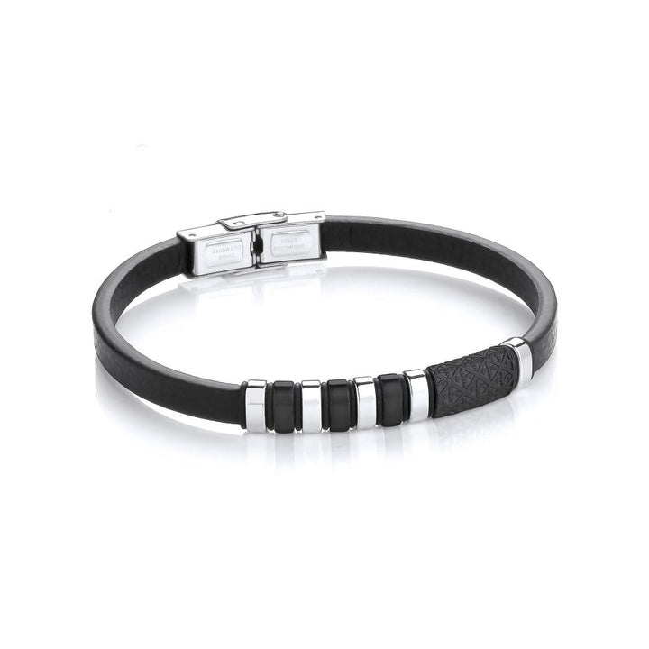 Stainless Steel Black Fleur-De-Lys Vegan Leather Bracelet