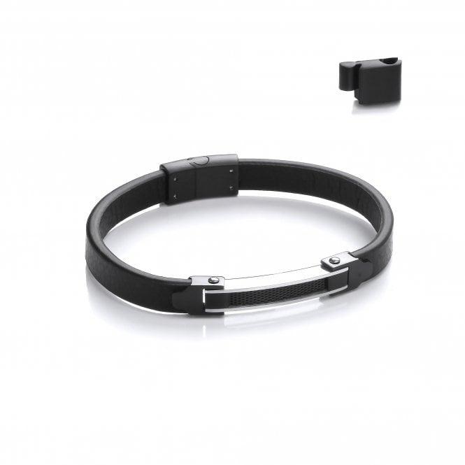 Stainless Steel Black Plain Vegan Leather Bar Bracelet