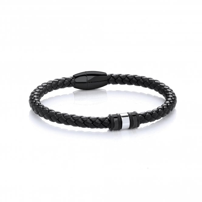 Stainless Steel Black Rhodium Plaited Leather Bead Bracelet