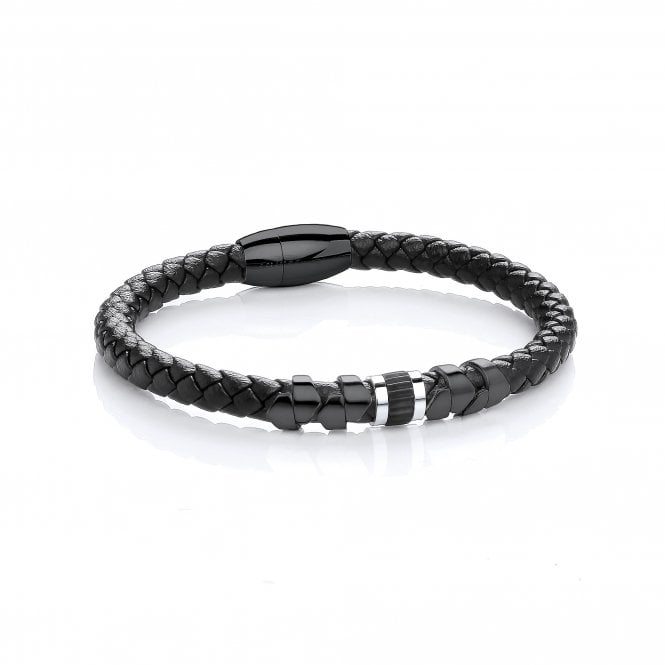 Stainless Steel Black Vegan Leather Tribal Bracelet