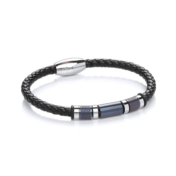 Stainless Steel Blue Bead Braided Vegan Leather Bracelet