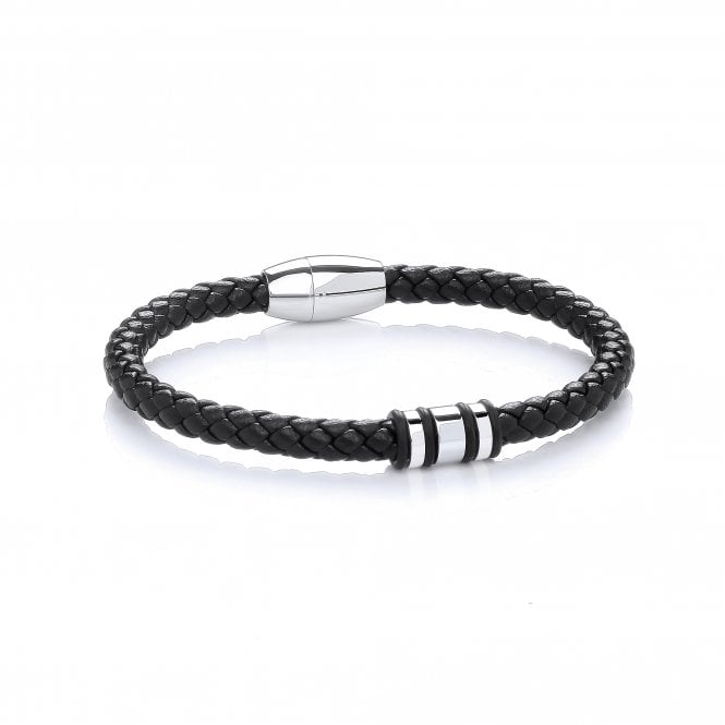 Stainless Steel Plaited Leather Bead Bracelet