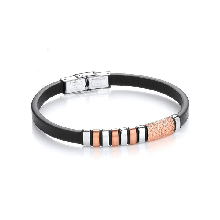 Stainless Steel Rose Gold Fleur-De-Lys Vegan Leather Bracelet