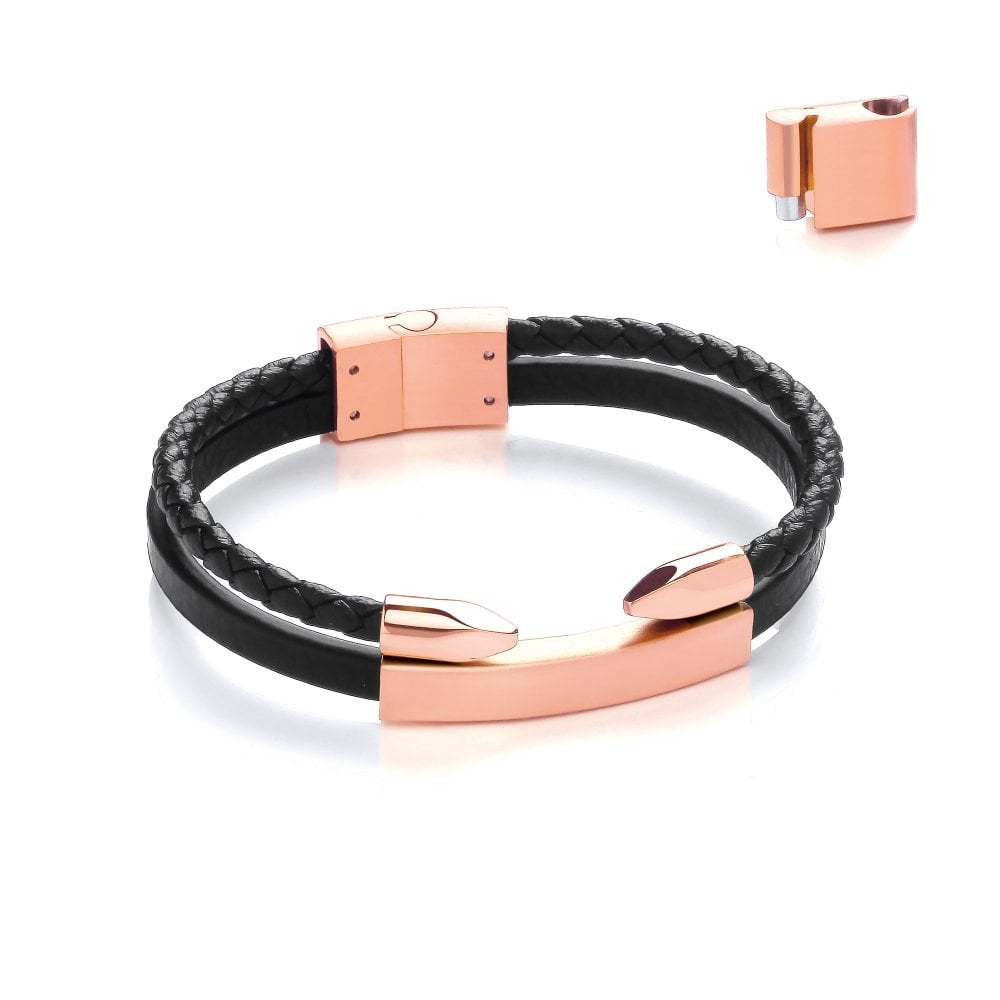 Stainless Steel Rose Gold Plated Vegan Leather Double Nail ID Bracelet