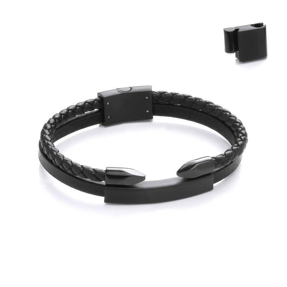Stainless Steel Vegan Leather Black Double Nail ID Bracelet