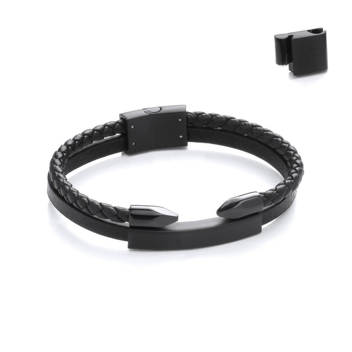 Stainless Steel Vegan Leather Black Double Nail ID Bracelet