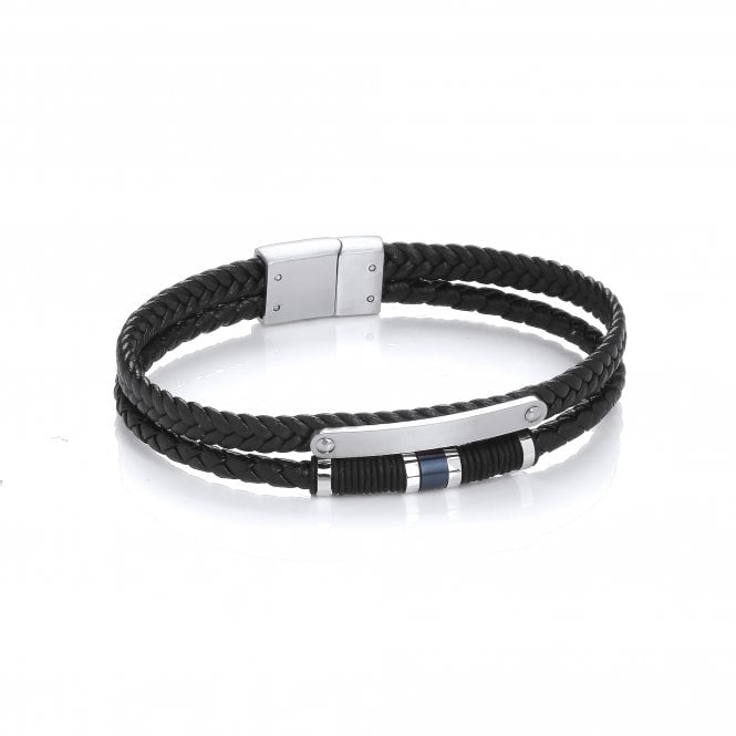 Stainless Steel Vegan Leather Blue Bead ID Tag Bracelet