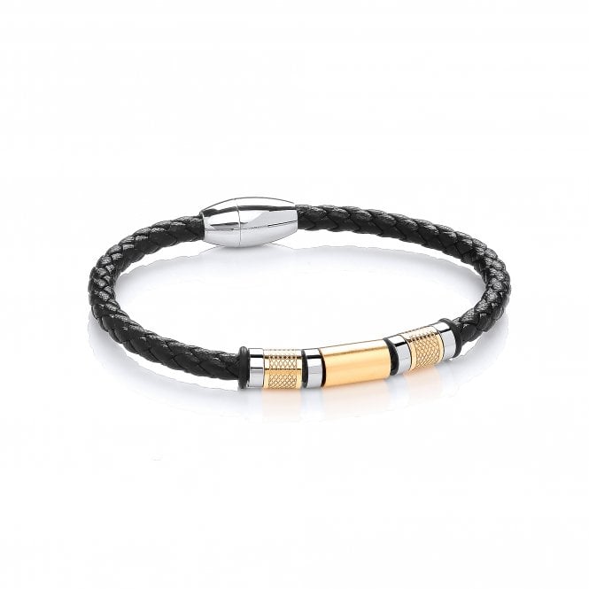 Stainless Steel Yellow Gold Bead Braided Vegan Leather Bracelet
