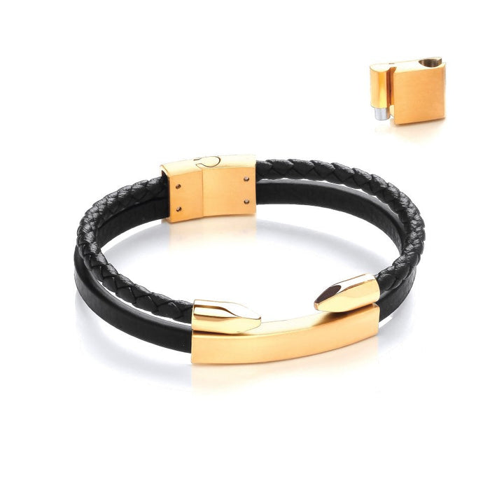 Stainless Steel Yellow Gold Plated Vegan Leather Double Nail ID Bracelet