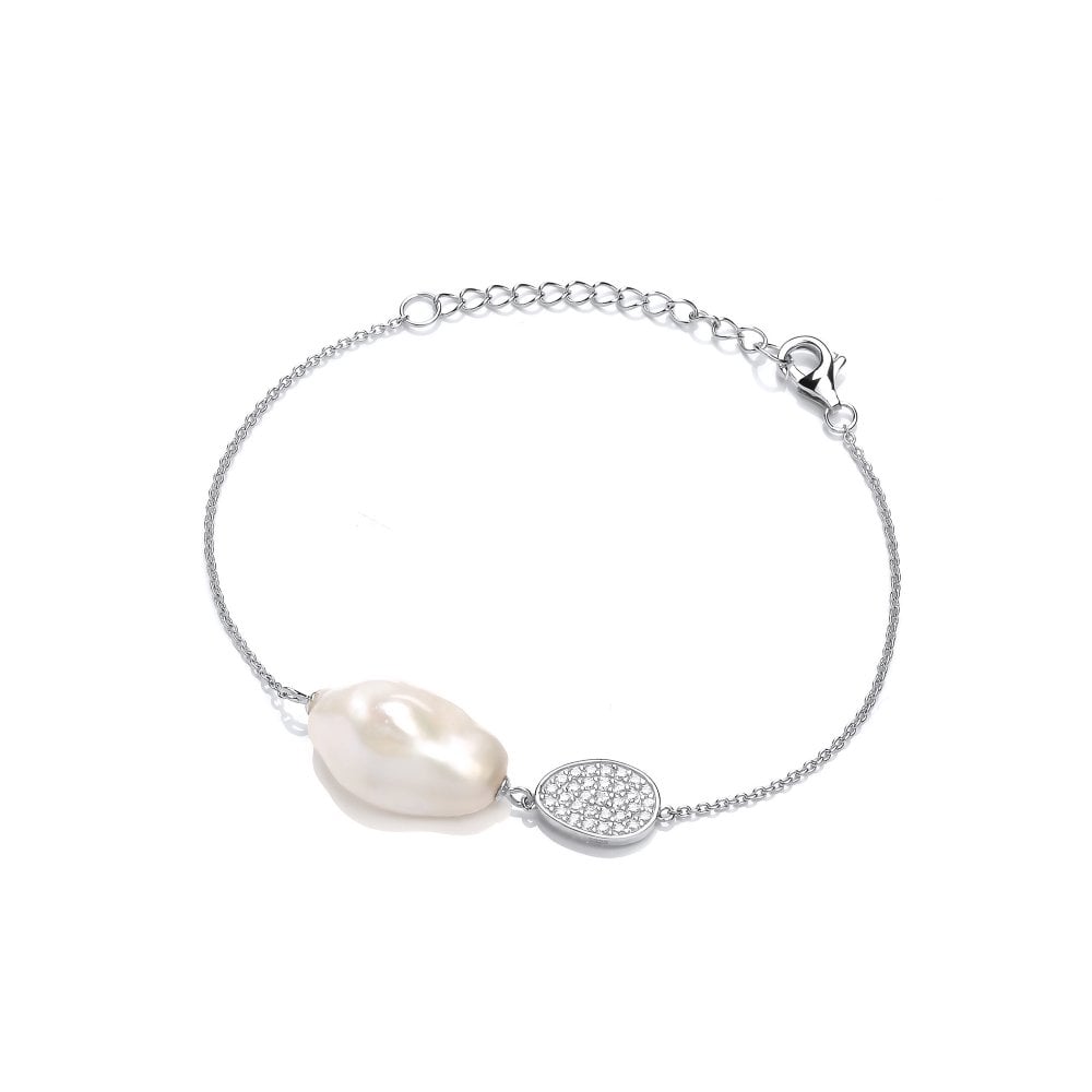 Sterling Silver Baroque Pearl Cubic Zirconia Cluster Bracelet