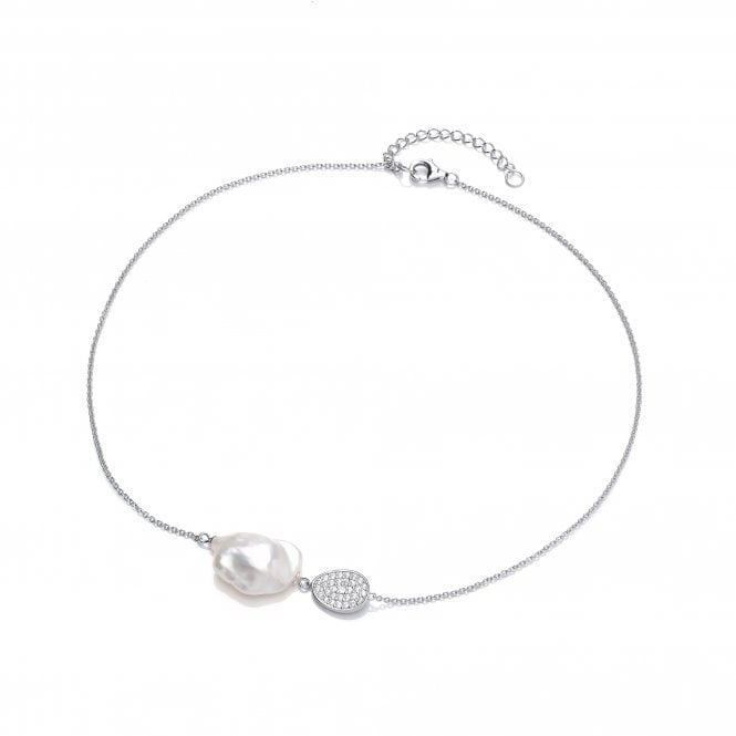 Sterling Silver Baroque Pearl Cubic Zirconia Cluster Necklace