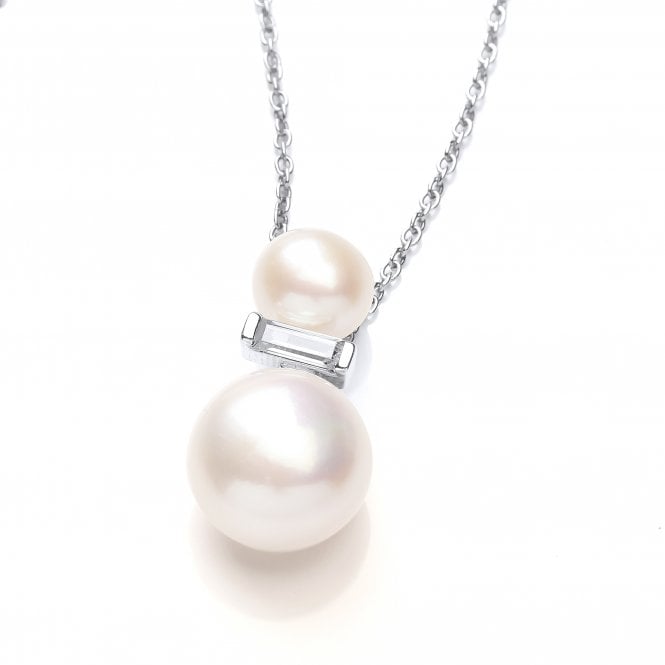 Sterling Silver Double Pearl Baguette Pendant & Chain