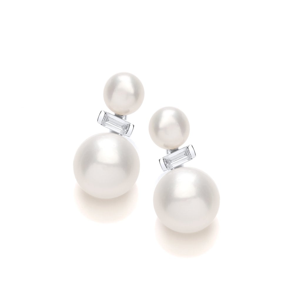 Sterling Silver Double Pearl Baguette Stud Earrings