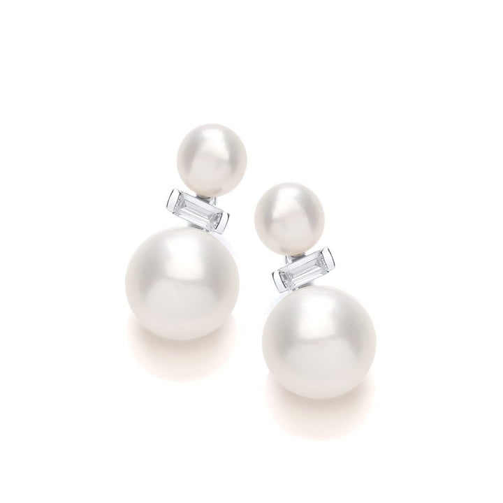 Sterling Silver Double Pearl Baguette Stud Earrings