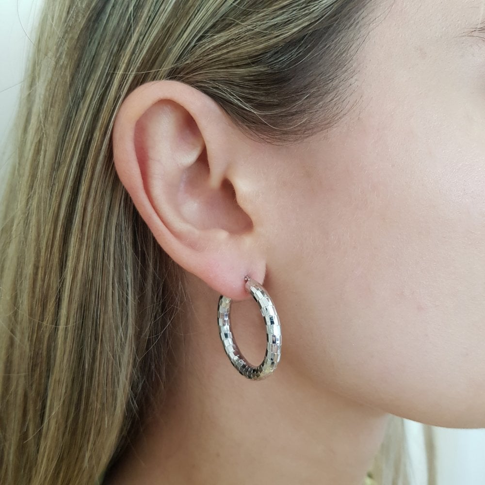 Sterling Silver Faceted Hoop Earrings