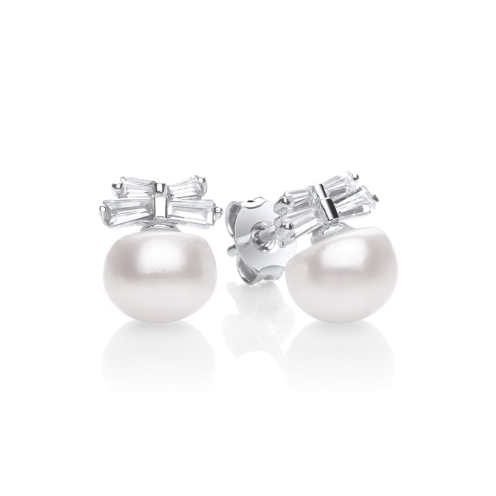 Sterling Silver Freshwater Pearl & Cubic Zirconia Bow Stud Earrings