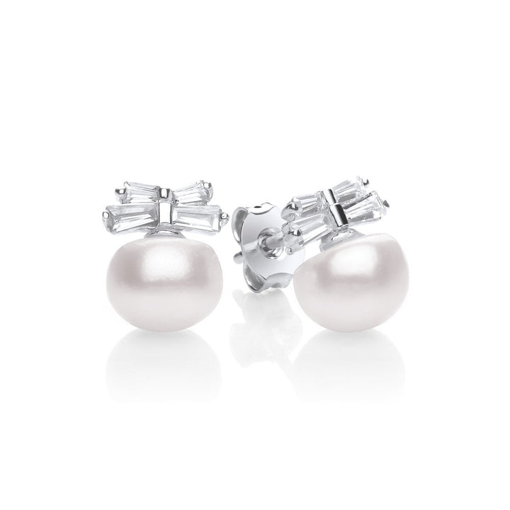 Sterling Silver Freshwater Pearl & Cubic Zirconia Bow Stud Earrings