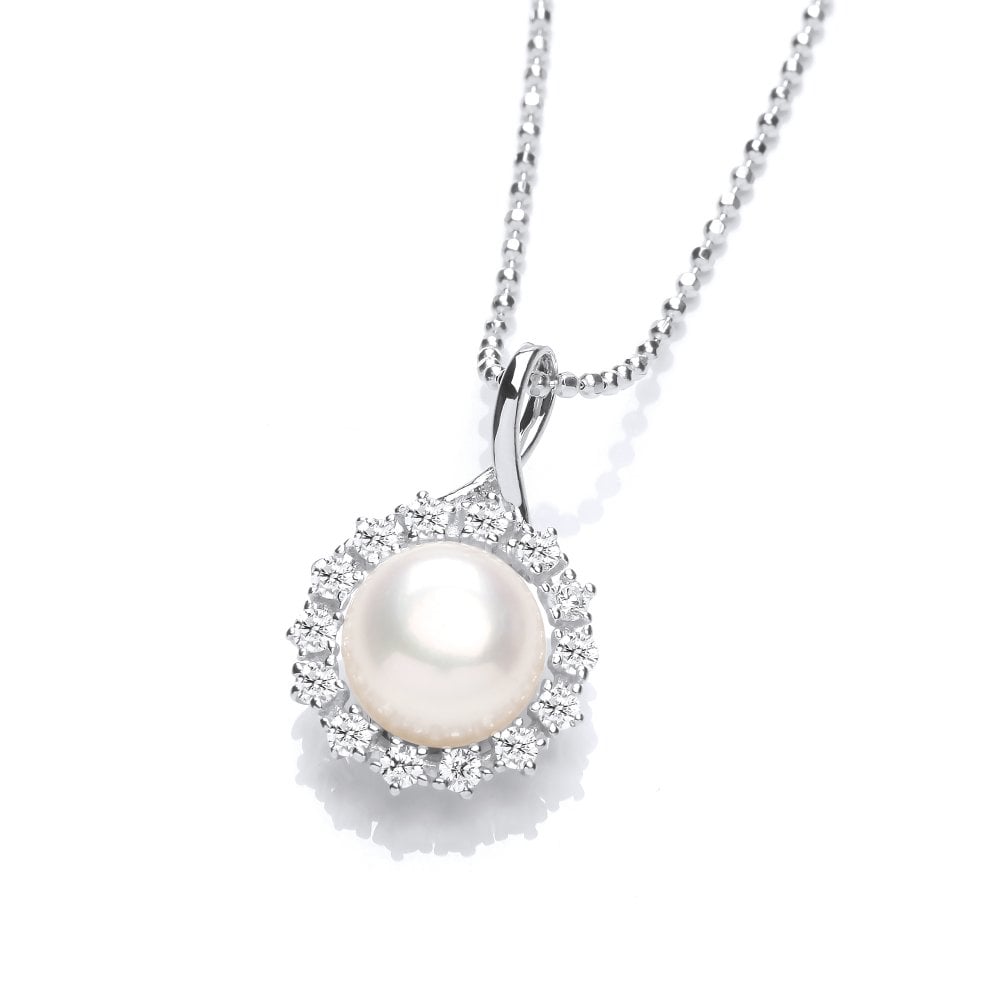 Sterling Silver Freshwater Pearl CZ Flower Cluster Pendant & Chain