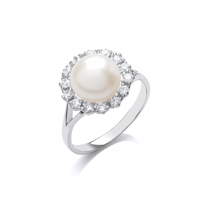 Sterling Silver Freshwater Pearl CZ Flower Cluster Ring