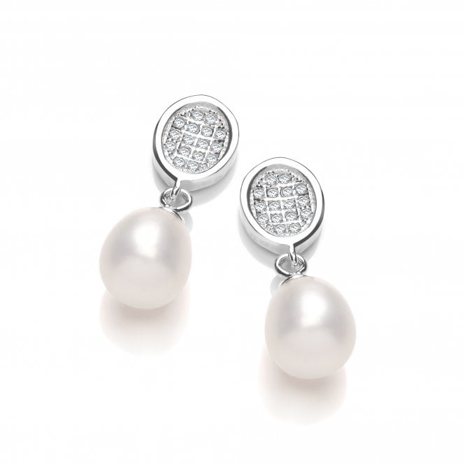 Sterling Silver Freshwater Pearl Pave CZ Drop Earrings