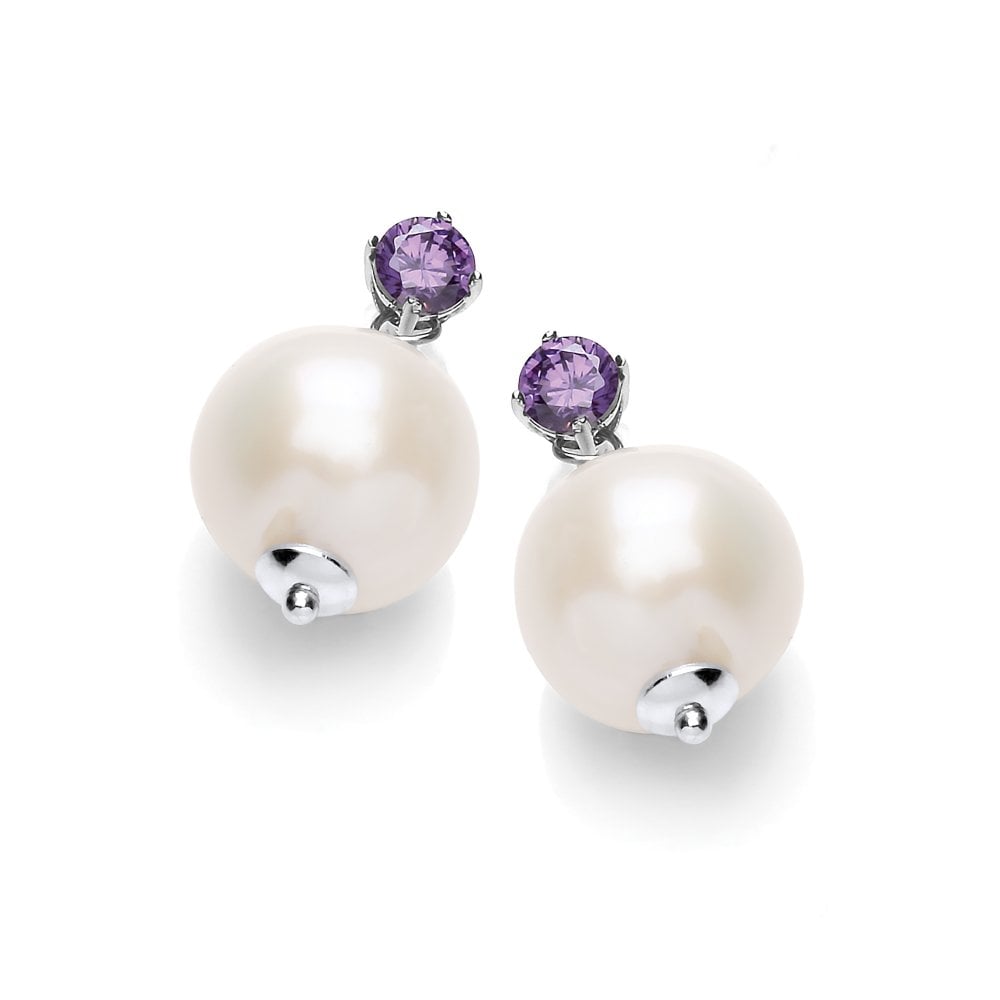 Sterling Silver Freshwater Pearl Purple Cubic Zirconia Drop Earrings