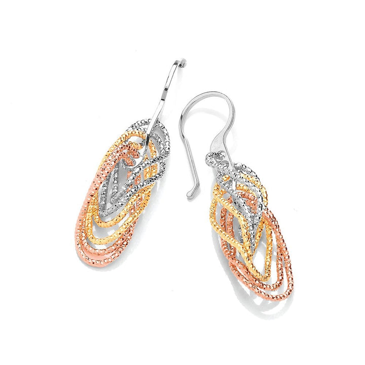Sterling Silver Gold Plated Tricolour Diamond Cut Wavy Drop Earrings