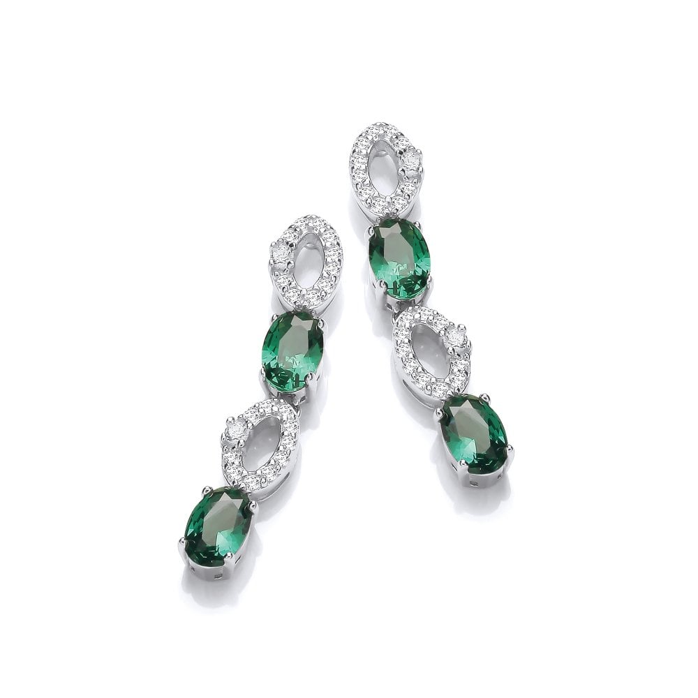 Sterling Silver Green Oval Link Drop Earrings
