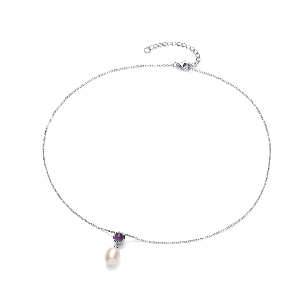 Sterling Silver Pearl & Amethyst Drop Necklace.