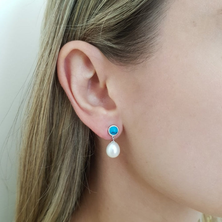 Sterling Silver Pearl & Turquoise Drop Earrings