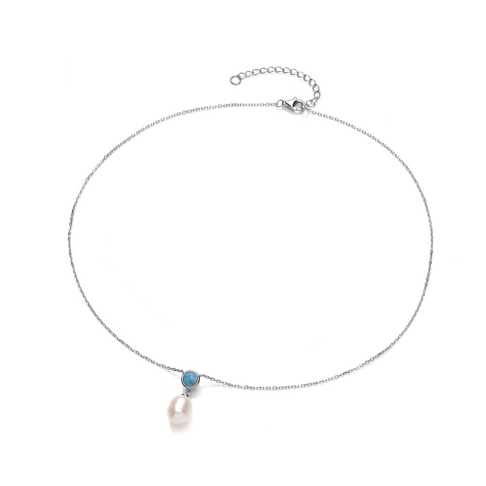 Sterling Silver Pearl & Turquoise Drop Necklace