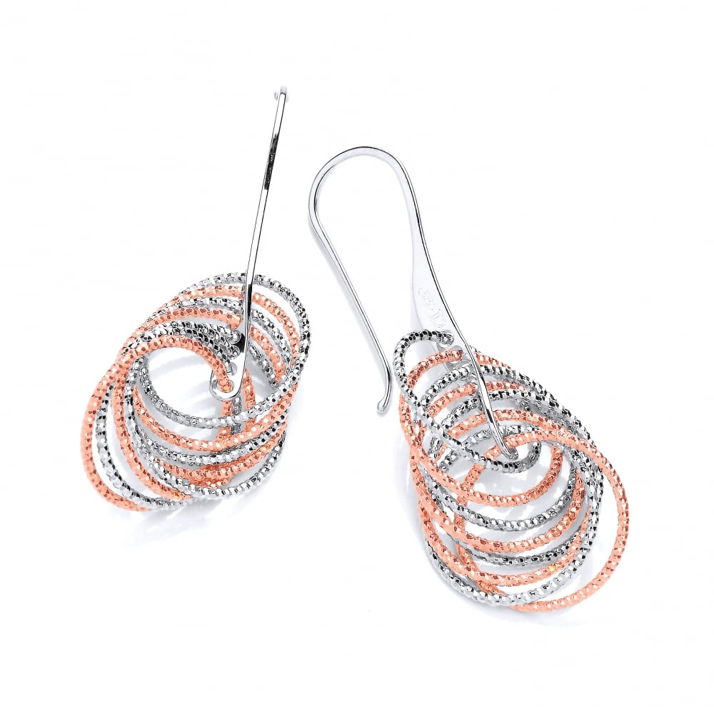 Sterling Silver & Rose Gold Plated Diamond Cut Multi Circle Drop Earrings