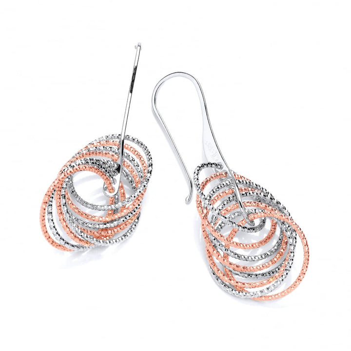 Sterling Silver & Rose Gold Plated Diamond Cut Multi Circle Drop Earrings