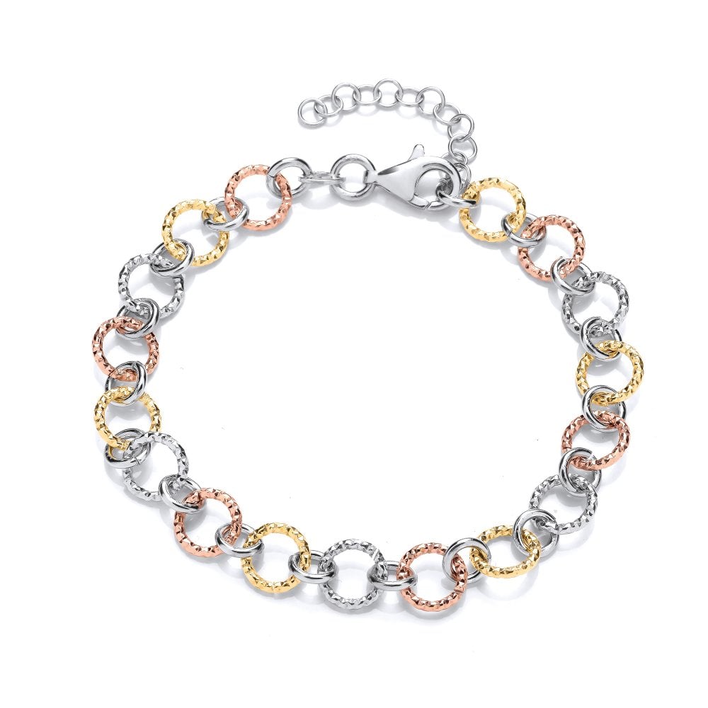 Sterling Silver Tricolour Diamond Cut Link Bracelet