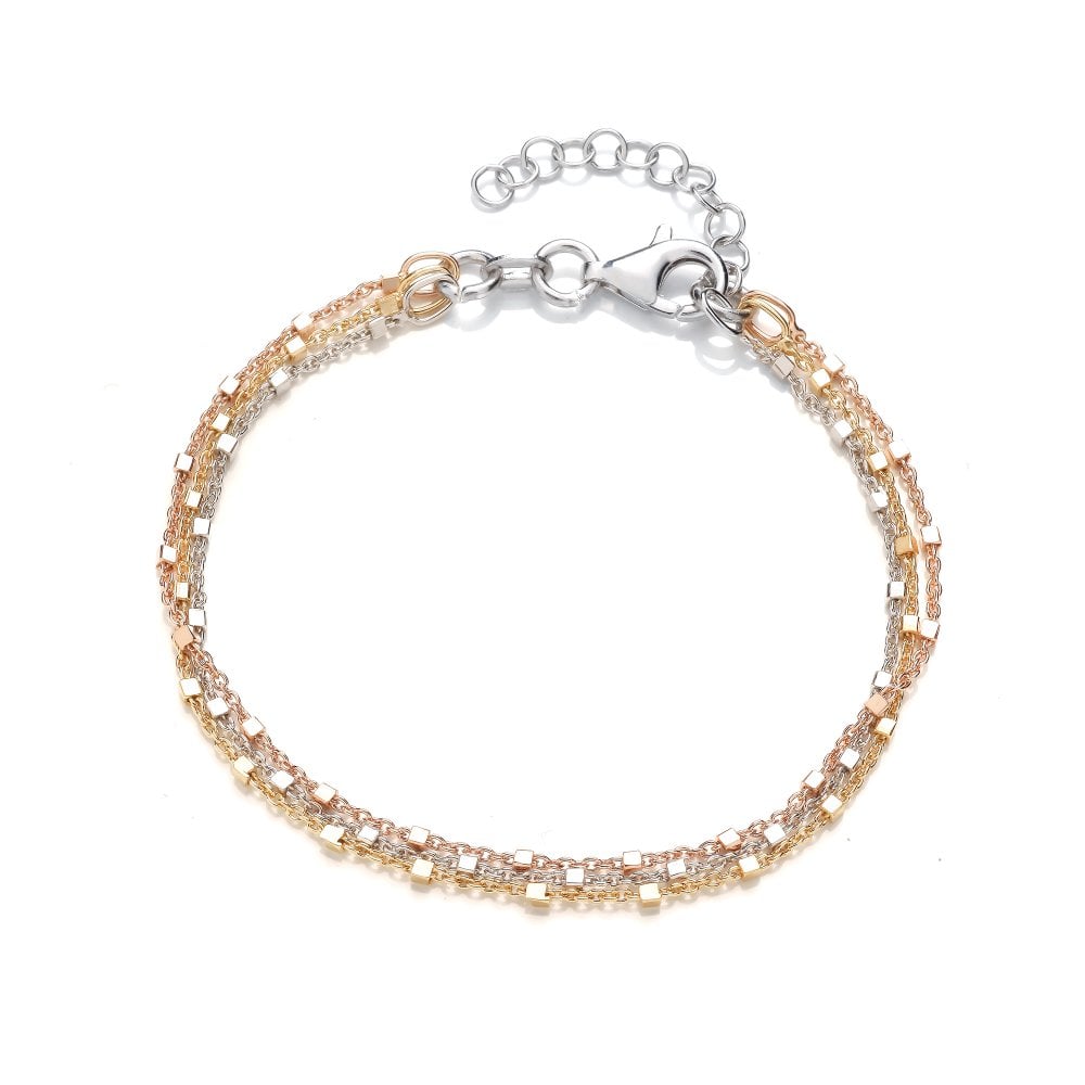 Sterling Silver Tricolour Square Bead Multi-Strand Bracelet