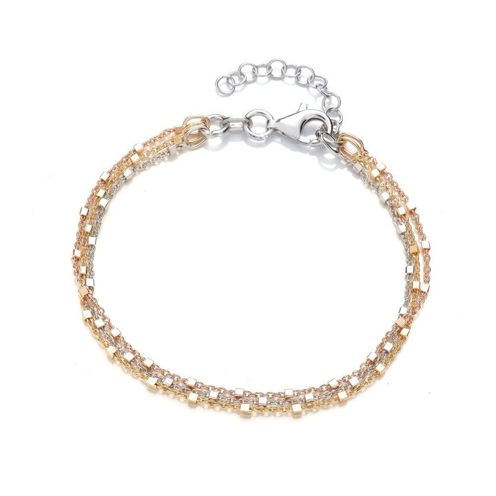 Sterling Silver Tricolour Square Bead Multi-Strand Bracelet