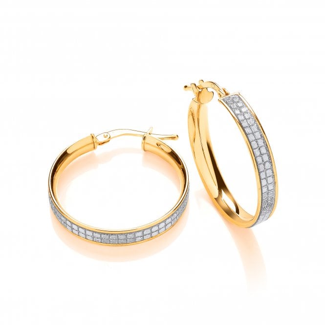 Sterling Silver Yellow Gold Shimmering Textured Medium Hoop Earrings