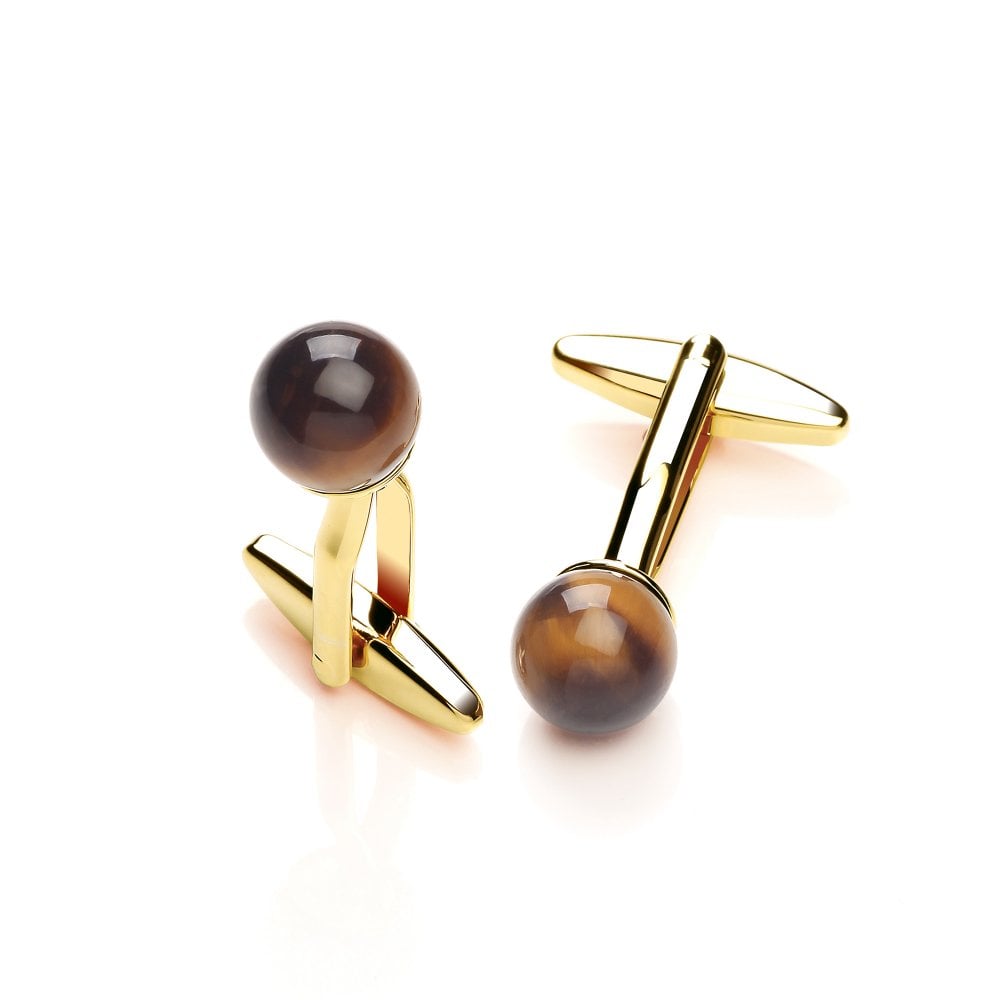 Yellow Gold Plated Round Tiger's Eye Cufflinks