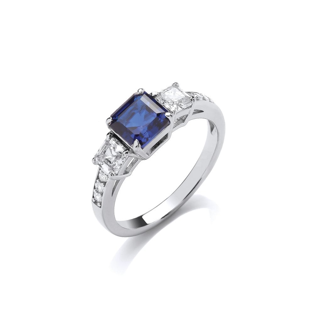 Sterling Silver Blue Asscher Cut Trio Ring