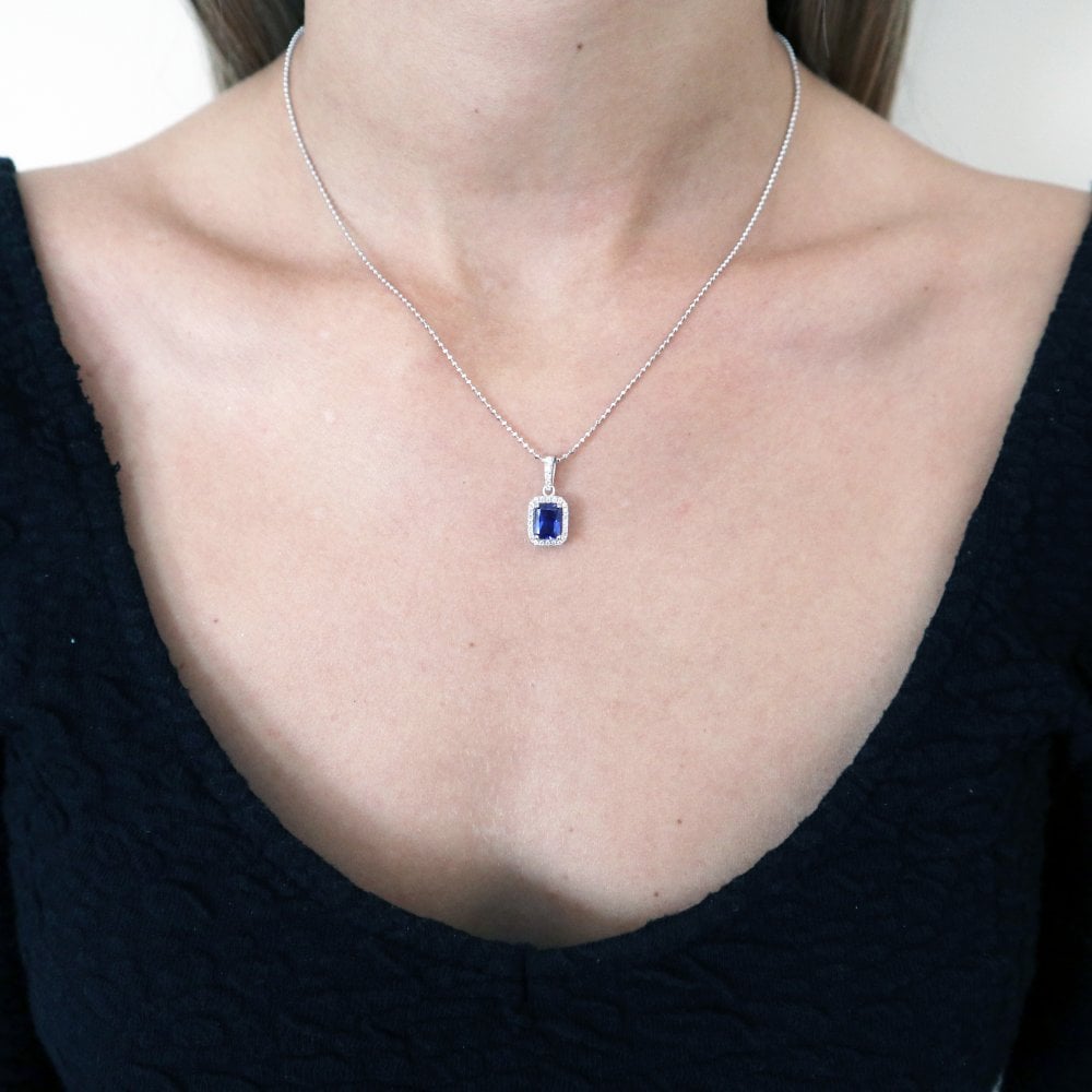 Sterling Silver Blue Octagon Cut Halo Pendant & Chain Created with Swarovski Zirconia