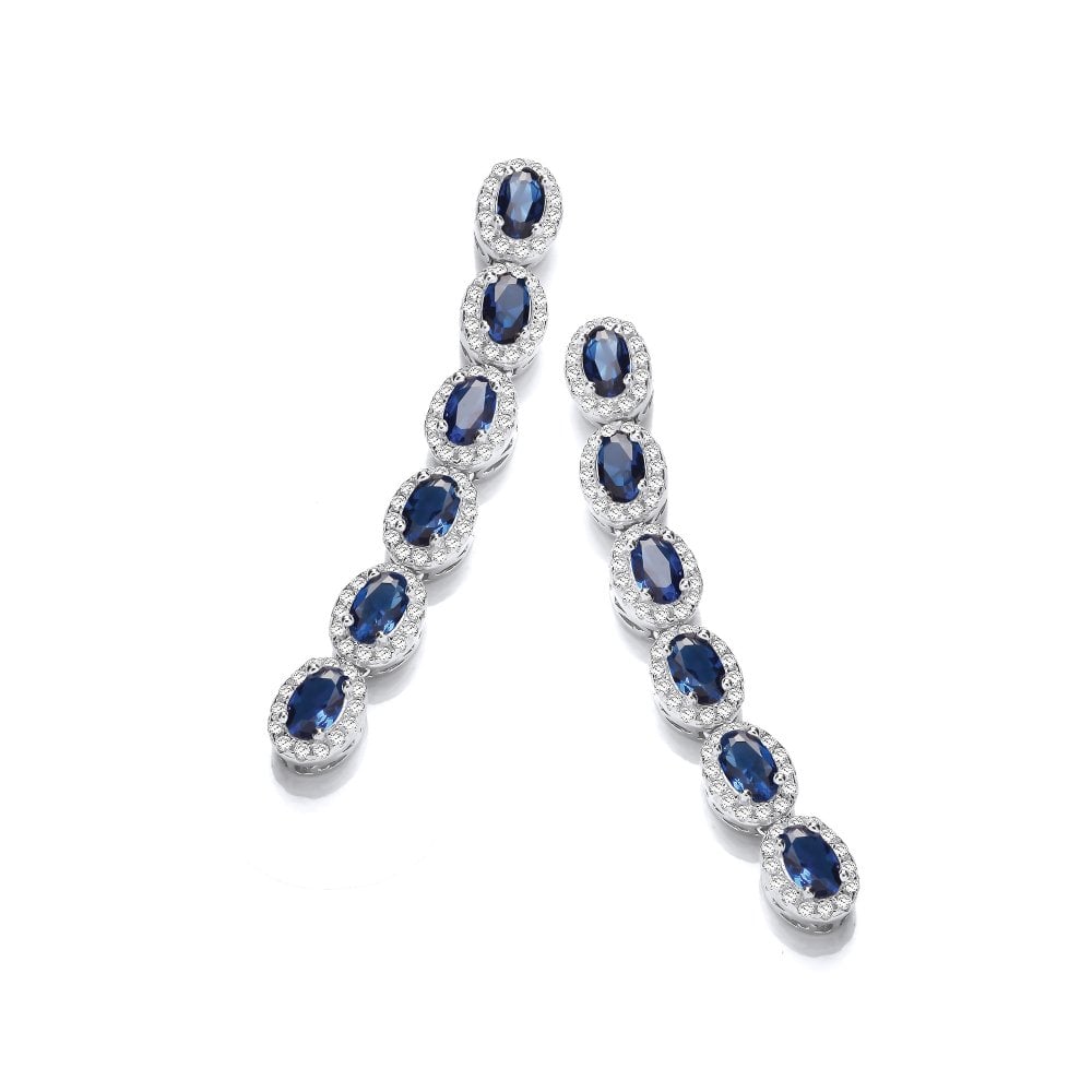 Sterling Silver Blue & White Oval Halo Drop Earrings