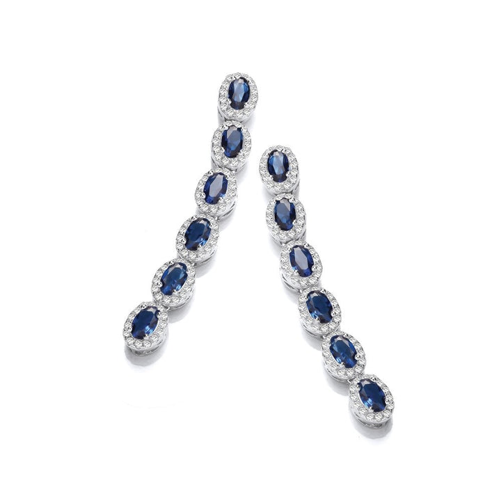 Sterling Silver Blue & White Oval Halo Drop Earrings