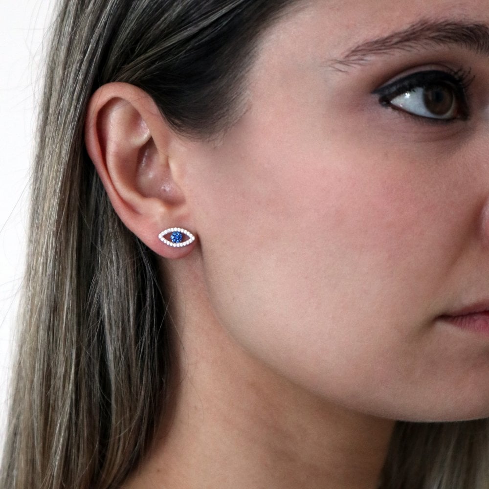 Sterling Silver Dainty Evil Eye Stud Earrings Created with Swarovski Zirconia