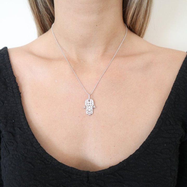 Sterling Silver Detailed Hamsa Hand Necklace Created with Swarovski Zirconia