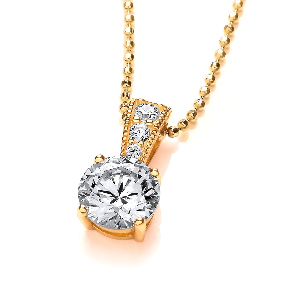 Sterling Silver Gold Plated Ornately Set Solitaire Pendant & Chain Created with Swarovski Zirconia